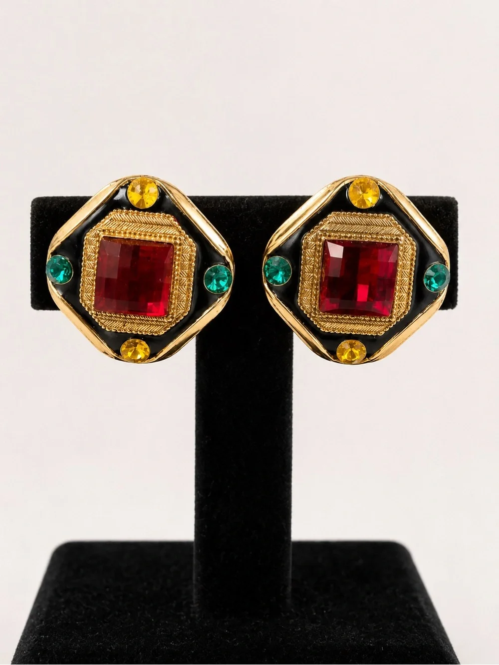 Vintage Statement Clip On‎ Earrings Red Green Black Gold Geometric Glam